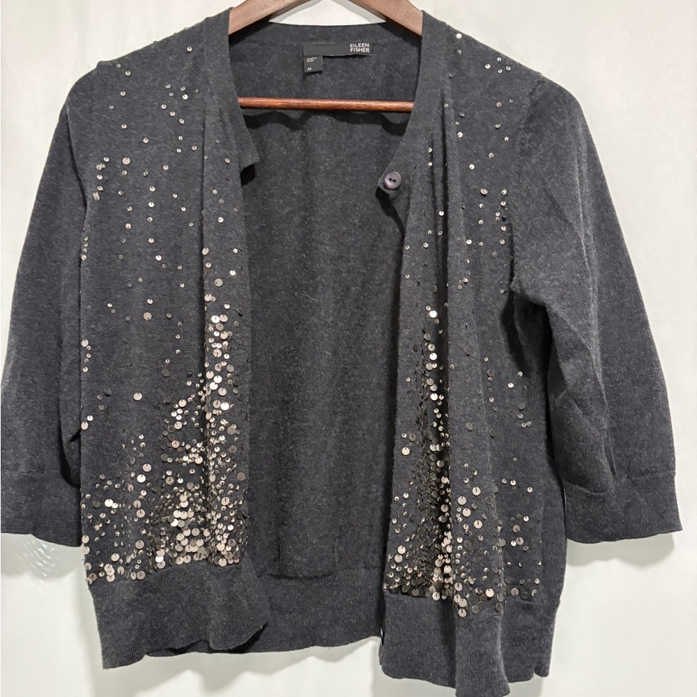 Eileen Fisher Medium Cotton/Cashmere Button-Front Cardigan Gray Sequins - Picture 3 of 8
